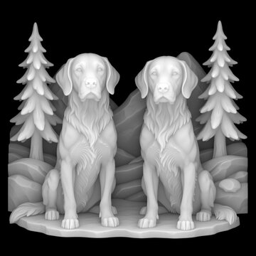 3D sculpture of two proud hunting setter dogs in a mountain forest, clay relief art style, isolated on black background
