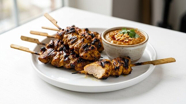 Charcoal Grilled Satay Skewers Beside Peanut Sauce on Plate | Southeast Asian Street Food Stock Photo