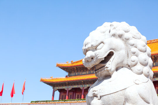 Marble lion statue near the gate of heavenly peace, Beijing, China