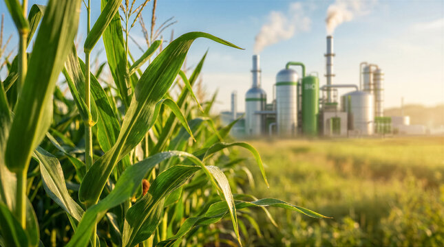 Corn field with a biorefinery or biofuel plant in the background, representing sustainable energy production and agricultural industry