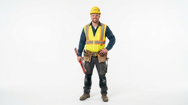 A construction worker stands confidently, dressed in a yellow safety vest and blue jeans, holding a red toolbox and brown gloves.
