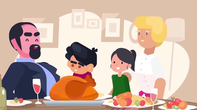 Happy family eating roasted turkey dinner together at dining table flat 2D animation vector character motion graphics thanksgiving holiday loop