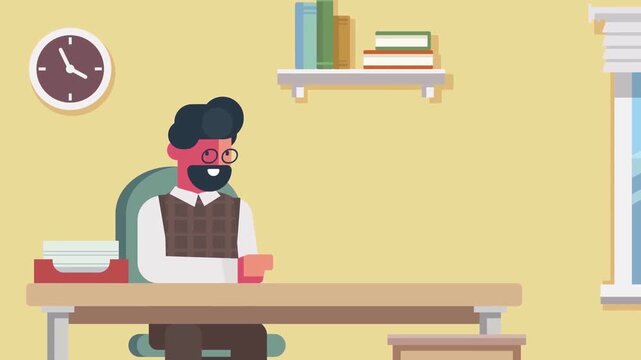Sad depressed man sitting alone at office desk feeling lonely flat 2D animation vector character motion graphics mental health concept loop