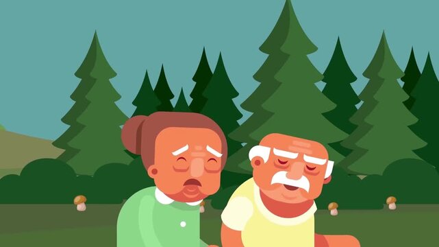 Old senior couple looking sad and worried in evergreen forest flat 2D animation vector character motion graphics health problem dementia loop