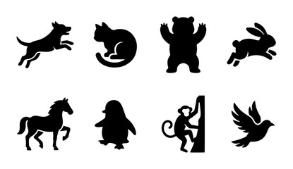 Obraz premium Diverse Animal Silhouettes Collection, Vector Icons for Wildlife and Pet Themes, Black Graphics for Design