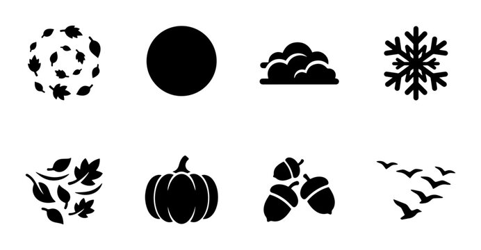 Seasonal Icons Collection: Autumn Leaves, Pumpkin, Acorns, Birds, Snowflake, Cloud, Circle, Vector Graphics