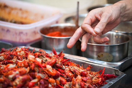 Shrimp for sale at a street food stall, Xi'an, Shaanxi, China