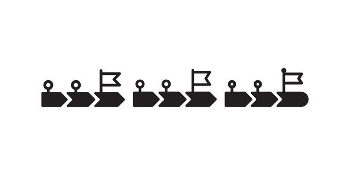 Project milestone timeline set with arrow segments and flag icons for business process strategy roadmap planning and organizational development graphics.