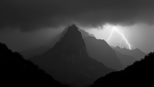 Black and white dramatic mountain peak silhouette under dark storm sky
