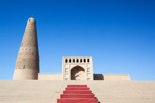 Emin minaret and mosque with blue sky, Turpan, Xinjiang, China