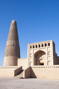 Emin minaret and mosque with blue sky, Turpan, Xinjiang, China