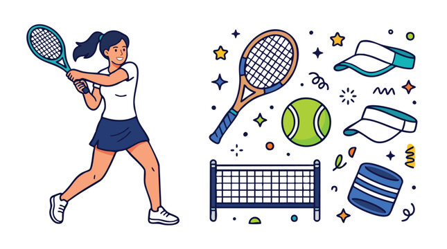 Female Tennis Player and Sports Equipment Illustration Set