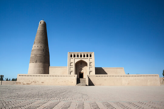 Emin minaret and mosque with blue sky, Turpan, Xinjiang, China