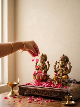 Devotee's Hand Offering Rose Petals to Deities