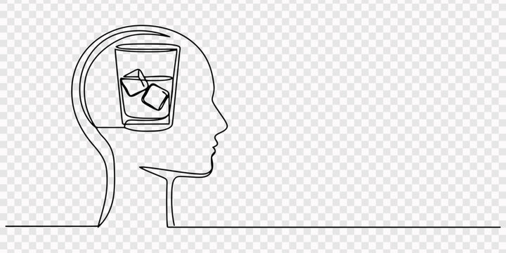 continuous modern drawing of a human head and brain thinking about whiskey, thinking about alcohol. Dependence on alcoholic beverages, transparent background, head with a brain connected to a glass on
