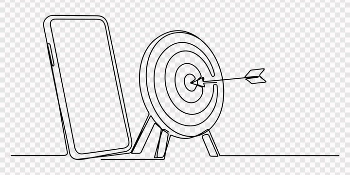 a smartphone and a target on a stand, with an arrow continuous one line drawing, transparent background, Arrow exactly into goal of dartboard. Concept of accuracy business strategy. smartphone arrow. 