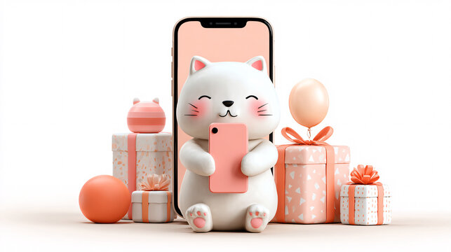 Adorable white cat figurine taking a selfie with smartphones surrounded by gift boxes