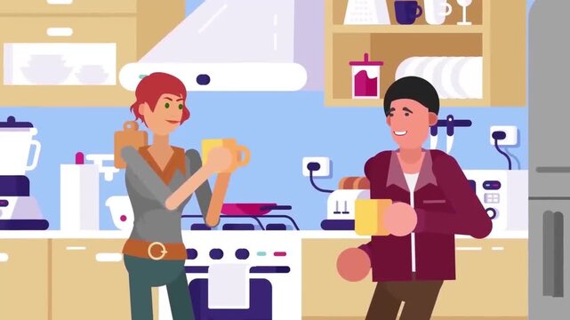 Young couple cooking and preparing meal together in modern kitchen interior flat 2D animation vector character motion graphics household lifestyle loop