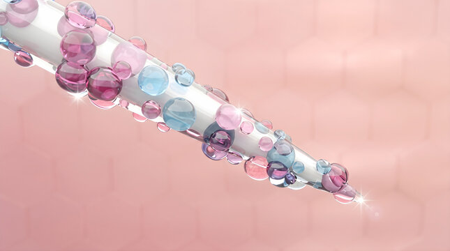 A transparent cosmetic pipette delivers a highly concentrated blend of multi colored vitamin spheres. 3D rendering.