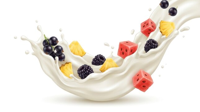 A dynamic splash of milk, with colorful cereal pieces like blueberries, strawberries, and pineapple chunks, floating amidst the white, creamy liquid.
