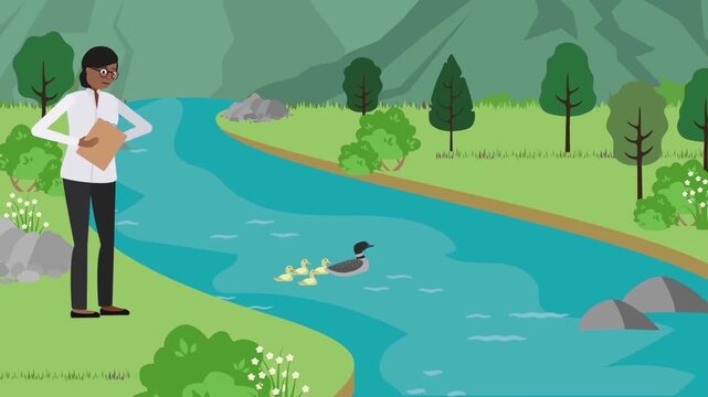 Man feeding wild ducks by peaceful river in mountain landscape flat 2D animation vector character motion graphics nature eco travel loop