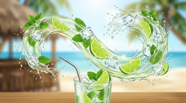 A refreshing glass of limeade with ice cubes and mint leaves, set against a tropical beach backdrop, evoking a sense of summer refreshment and hydration.