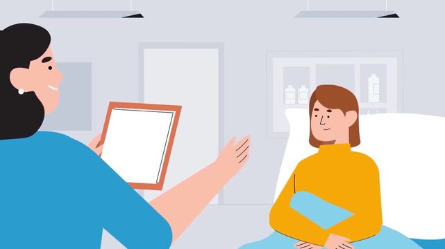 Doctor consulting young female patient in clinic hospital room flat 2D animation vector character motion graphics medical healthcare concept