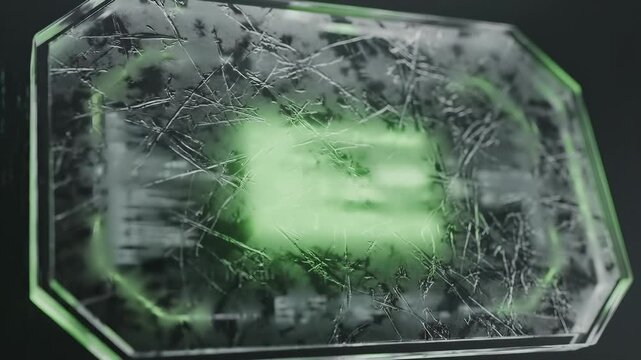 Glowing green crystal with internal fractures and luminous core in dark setting. Perfect for fantasy branding, game assets, cinematic trailers