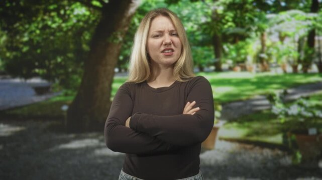 Woman with crossed arms and pursed-lip smirk, wearing dark long sleeve top, standing before potted plants and gravel path near a large tree in forest; defiance assertion.