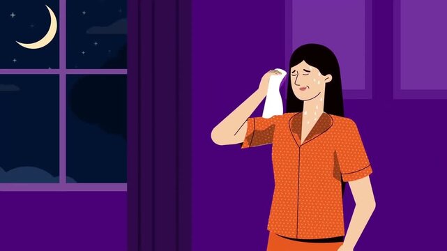 Crying woman wiping tears inside dark room near window at night flat 2D animation vector character motion graphics sadness depression loop