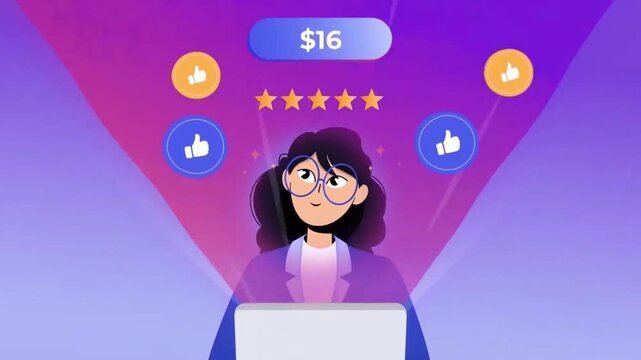 Sad worried woman facing internet cyberbullying or negative ratings flat 2D animation vector character motion graphics social media anxiety
