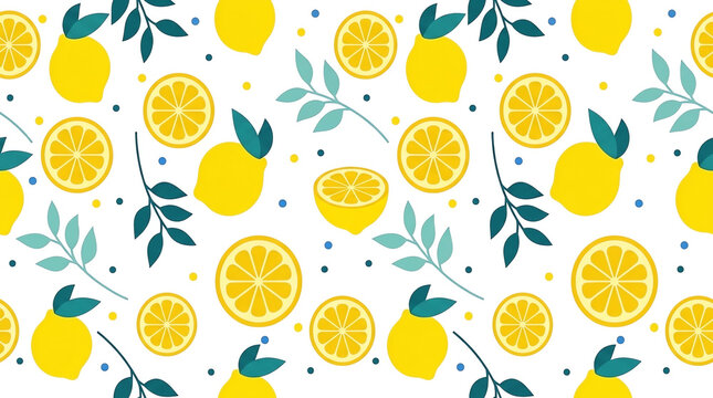 Vibrant Lemons Pattern with Leaves on White Background