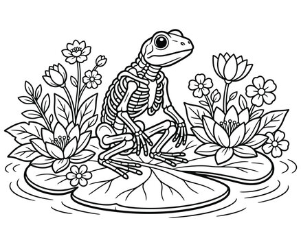 Skeleton frog sitting on lily pad surrounded by beautiful flowers and water details.