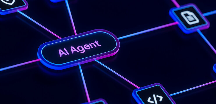 Neon-lit ai agent network diagram with code and data symbols artificial intelligence neon lights code symbols