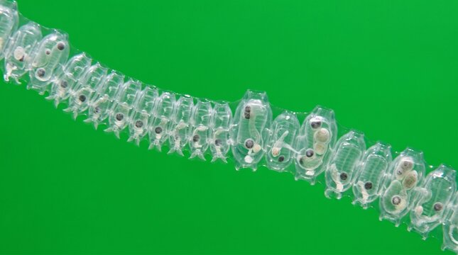 Transparent Salp Chain of Marine Tunicates Floating in Vibrant Green Ocean Water
