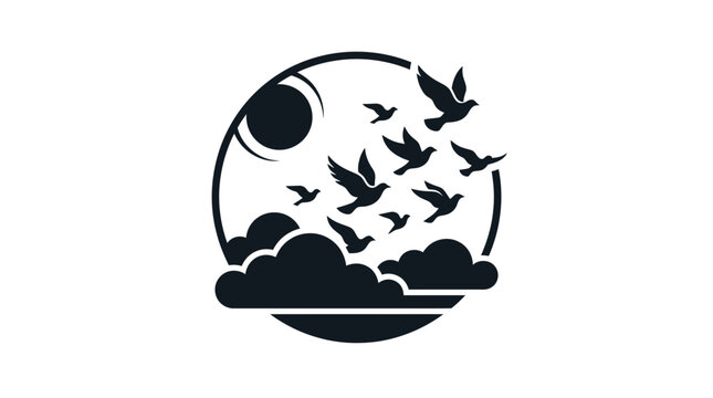 Flock of Birds Flying Towards the Sun and Clouds.
