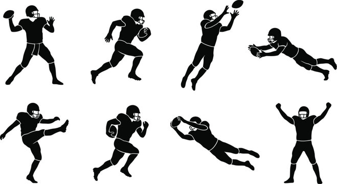 American football players silhouette set dynamic action poses vector illustration