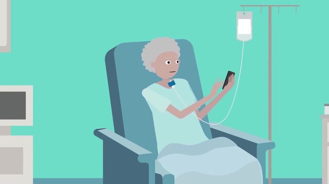 Elderly senior woman lying in hospital bed with intravenous iv drip flat 2D animation vector character motion graphics medical clinic care loop