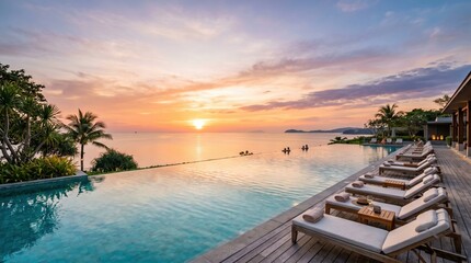 Fototapeta premium Tropical Luxury Resort Pool at Golden Sunset