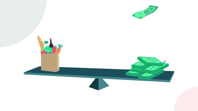 Balance scale comparing grocery shopping bag with stacks of money flat 2D animation vector motion graphics inflation cost of living loop