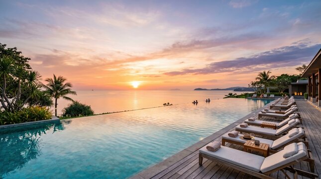 Tropical Luxury Resort Pool at Golden Sunset