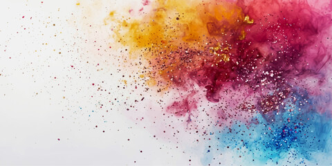 Obraz premium Vibrant Explosion of Color: A dynamic burst of multi-colored powder explodes outwards, creating a spectacular abstract display of red, orange, pink, and blue hues against a clean white background.