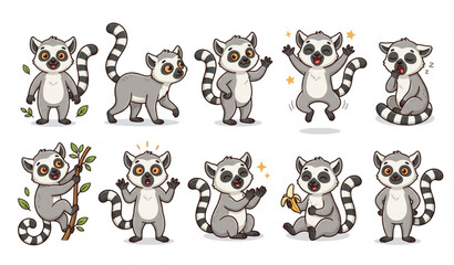Cute Cartoon Lemurs Vector Set with Different Poses Angles and Emotions © Suborno