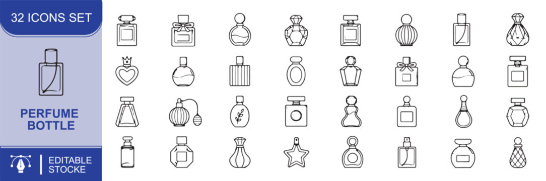 Set of 32 Perfume bottle icons Each icon will be different, create a vector outline icons using white background and black color