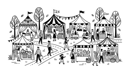 Obraz premium Outdoor market scene with stalls, tents, and people browsing