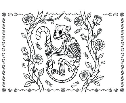 Coloring page featuring cute monkey skeleton holding large candy cane surrounded by roses.