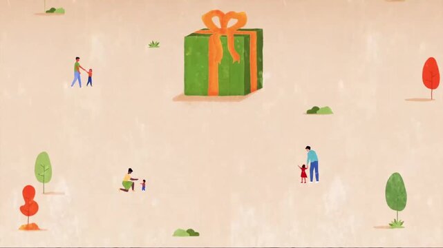 Top down view of tiny abstract people walking around large gift box flat 2D animation vector character motion graphics shopping holiday loop