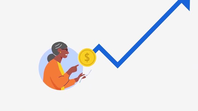 Retired elderly woman tracking financial growth on chart with coin flat 2D animation vector character motion graphics pension savings loop