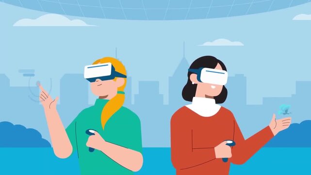 Two young women experiencing immersive virtual reality vr headsets flat 2D animation vector character motion graphics future technology loop