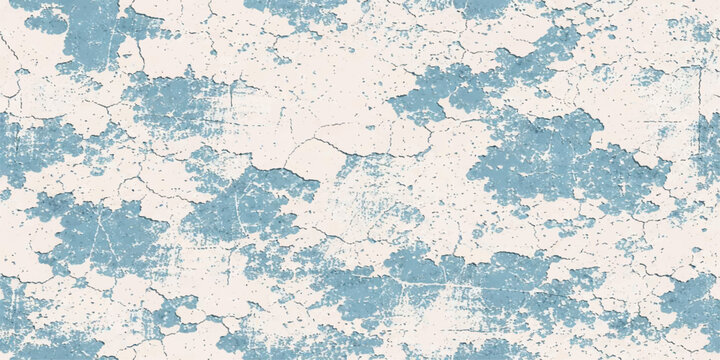 Peeling blue and white paint texture on weathered concrete wall with chipped layers, cracked plaster and rough grunge surface forming an abstract vintage background.